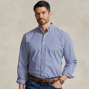 LAUREN RALPH LAUREN Navy and White Cotton Gingham One-Pocket Button-Down Shirt